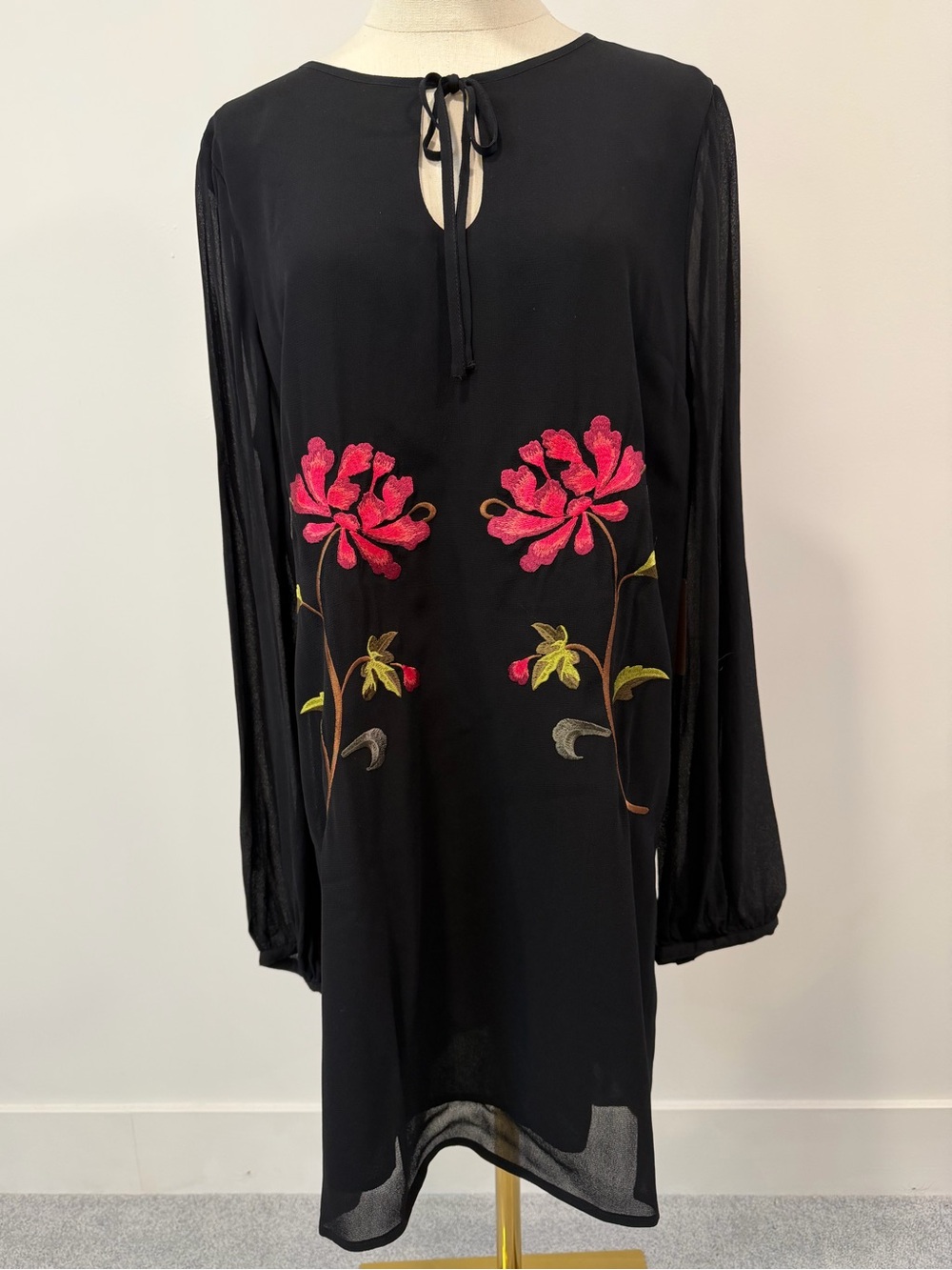 Forever 21 Black Long-Sleeve Shift Dress with Pink Floral Embroidery